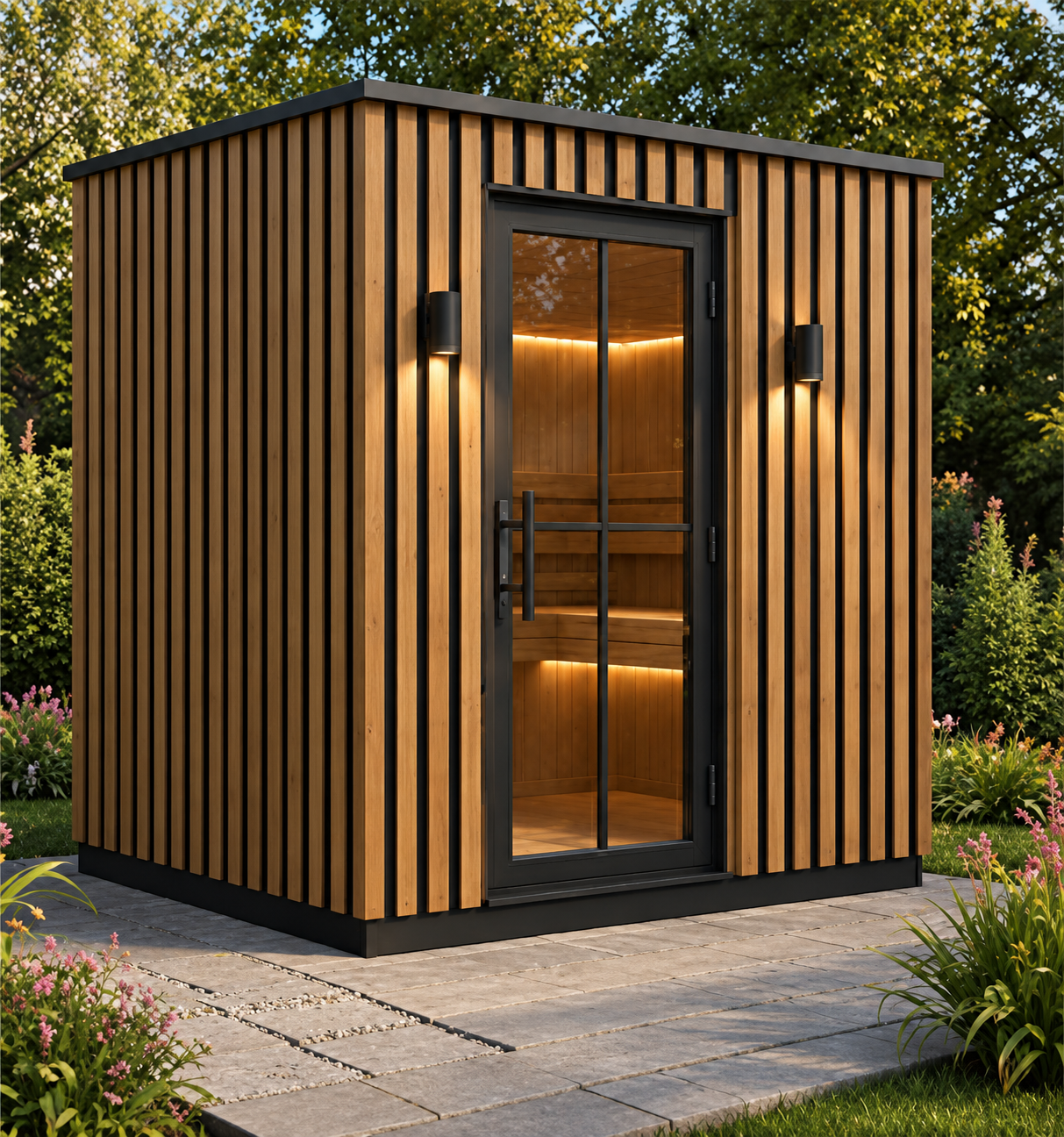 Udendørs sauna i ALU-WOOD med lodrette lameller og oplyst glasdør